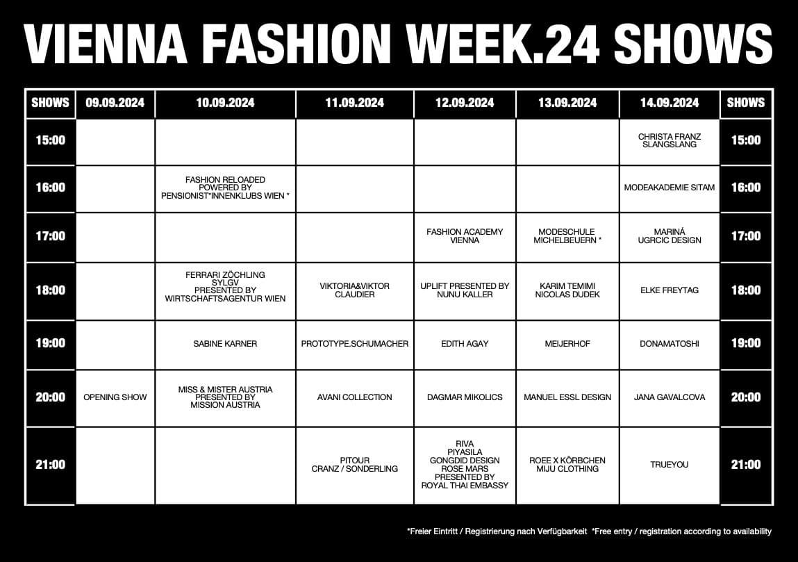 Vienna Fashion Week 2024 Showplan.