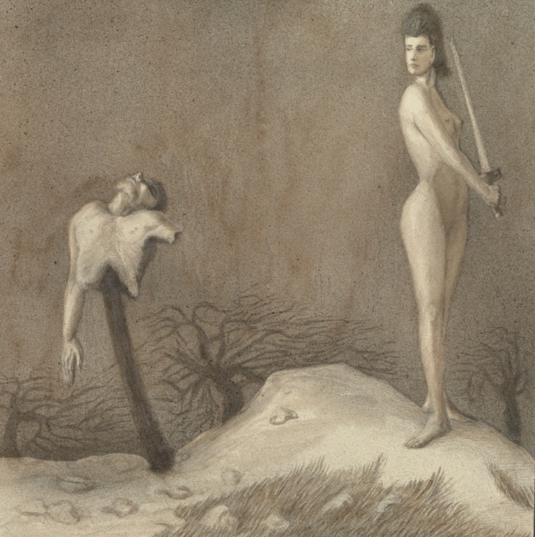 Alfred Kubin, Schlachtfeld, um 1900, Tusche auf Papier in der Albertina Modern Ausstellung.