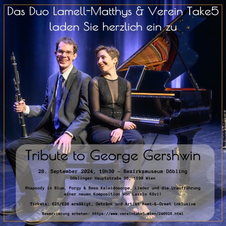 Pianistin Nathalie Matthys und Klarinettist Josef Lamel laden am 28. September ins Bezirksmuseum Döbling zu einem Tribute to George Gershwin.